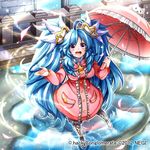  1girl 2012 :d ahoge bad_id bad_pixiv_id bint_(guilty_dragon) blue_hair boots coat dress frills full_body guilty_dragon hair_ornament long_hair open_mouth parasol pink_dress pink_umbrella purple_eyes sidelocks smile solo takatsuki_ichi twintails umbrella very_long_hair water 