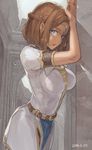  arms_up blue_eyes breasts brown_hair large_breasts looking_at_viewer open_mouth original short_hair solo toro_(konirio) 