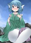  animal_ears bad_id bad_pixiv_id blue_eyes blue_hair blush breasts commentary drill_hair green_kimono hammer_(sunset_beach) head_fins japanese_clothes kimono long_sleeves looking_at_viewer medium_breasts mermaid monster_girl obi sash short_hair solo touhou wakasagihime wide_sleeves 