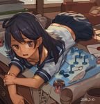  ahoge black_eyes black_hair kantai_collection long_hair lying on_stomach open_mouth school_uniform serafuku skirt solo toro_(konirio) ushio_(kantai_collection) 