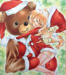  aisaka_taiga animal_costume bear_costume brown_hair closed_eyes hat highres hug izumo_neko long_hair santa_costume santa_hat shikishi stuffed_animal stuffed_toy teddy_bear thighhighs toradora! 