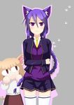  :3 alternate_costume animal_ears bad_id bad_pixiv_id blonde_hair braid breasts cat_ears cropped_jacket ei_(heilel666) eltnum highres kemonomimi_mode long_hair medium_breasts melty_blood minigirl multiple_girls nekoarc purple_eyes purple_hair single_braid sion_eltnam_atlasia skirt sweater thighhighs tsukihime under_night_in-birth v-neck white_legwear zettai_ryouiki 