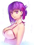  alternate_hairstyle azusa_(hws) bare_shoulders bikini breasts collarbone fate/stay_night fate_(series) hair_up large_breasts matou_sakura partially_submerged purple_eyes purple_hair solo swimsuit upper_body water 