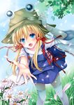  :o blonde_hair blue_eyes blue_sky day flower grass hair_ribbon hand_on_headwear hat hoozuki_shia leaning_forward light_rays long_hair looking_at_viewer moriya_suwako open_mouth outdoors outstretched_hand petals ribbon ribbon-trimmed_sleeves ribbon_trim sky solo sunbeam sunlight thighhighs touhou tree_branch white_legwear wide_sleeves zettai_ryouiki 