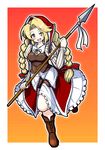  blonde_hair blush boots braid breasts cordelia_(saga) eruru_(erl) head_scarf highres long_hair looking_at_viewer medium_breasts one_eye_closed open_mouth polearm saga saga_frontier_2 smile solo spear twin_braids weapon 