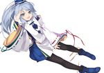  black_legwear blush hat japanese_clothes kariginu long_hair long_sleeves looking_at_viewer mononobe_no_futo pantyhose ponytail rokuwata_tomoe silver_hair skirt smile solo tate_eboshi touhou wide_sleeves 