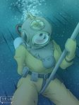  1girl belt blonde_hair bubble bubbles diving_helmet diving_suit eyes_closed glass gloves helmet masturbation ocean open_mouth pipe solo underwater uzushio watermark weight 