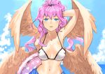  ahoge angel angel_wings archangel_metatron_(p&amp;d) arm_behind_head arm_up armpits bikini blue_eyes blue_sky blush breasts cleavage cloud collarbone day feathered_wings heart heart_print innertube jyon long_hair looking_at_viewer medium_breasts midriff multiple_wings navel open_mouth outdoors pink_hair ponytail puzzle_&amp;_dragons sarong sky solo swimsuit towel upper_body water white_bikini wings 