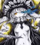 bad_id bad_pixiv_id blue_eyes bodysuit cape colored_pencil_(medium) covered_navel covering_mouth glowing glowing_eye headgear heterochromia iroha_(nullpo) kantai_collection looking_at_viewer shikishi shinkaisei-kan short_hair silver_hair solo traditional_media wo-class_aircraft_carrier yellow_eyes 