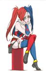  1girl bare_shoulders batman_(series) boots dc_comics harley_quinn lipstick long_hair makeup multicolored_hair ruff sad shorts solo thighhighs twintails 