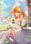  arm_up bug butterfly dress insect long_hair long_legs million_arthur_(series) open_mouth orange_hair smile solo thighhighs twintails weiyinji_xsk white_legwear yellow_eyes 
