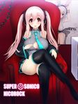  akatsuki_ikki bad_id bad_pixiv_id black_legwear blush breasts cleavage cosplay crossed_legs hatsune_miku hatsune_miku_(cosplay) headphones large_breasts long_hair looking_at_viewer nitroplus open_clothes open_mouth pink_eyes pink_hair sitting smile solo super_sonico thighhighs vocaloid 