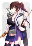  arisaka_ako arrow bad_id bad_pixiv_id bow_(weapon) breasts brown_eyes brown_hair cleavage gloves japanese_clothes kaga_(kantai_collection) kantai_collection large_breasts long_hair muneate ponytail side_ponytail single_glove skirt solo tasuki thighhighs torn_clothes untying weapon zettai_ryouiki 