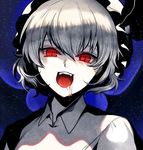  bat_wings blood blood_on_face face fangs hat hat_ribbon looking_at_viewer mob_cap monochrome open_mouth portrait red_eyes remilia_scarlet ribbon shirt short_hair smile solo spot_color tongue touhou tsukimoto_aoi wings 