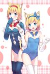  alice_margatroid alice_margatroid_(pc-98) alternate_costume animal_ears bare_shoulders bell blonde_hair blue_eyes blue_gloves blue_hairband blue_legwear blush breasts capelet cat_ears cat_tail cleavage culter detached_collar fang gloves hairband highres jingle_bell kemonomimi_mode kittysuit looking_at_viewer medium_breasts multiple_girls navel_cutout open_mouth paw_pose short_hair small_breasts smile tail thighhighs time_paradox touhou touhou_(pc-98) white_gloves white_legwear 