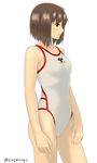  bare_shoulders brown_hair capriccyo competition_swimsuit highres hyuuga_(kantai_collection) kantai_collection one-piece_swimsuit red_eyes short_hair simple_background solo standing swimsuit twitter_username white_background 