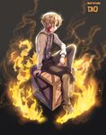  bandage_over_one_eye blonde_hair blood blood_on_face box character_name copyright_name dio_(mad_father) fire hc_(razel1) highres mad_father male_focus sitting solo suspenders unbuttoned wooden_box yellow_eyes 