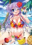  banana beach bikini breasts cleavage day drink eyewear_on_head flower food fruit hibiscus huge_breasts komo_da long_hair mango one_eye_closed one_side_up original pineapple purple_hair sample side_ponytail sunglasses swimsuit 