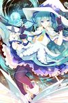  aqua_eyes aqua_hair bunny cape dress fingerless_gloves gloves hair_ribbon hat hatsune_miku highres long_hair nail_polish pantyhose phino ribbon scarf smile snowflakes suki!_yuki!_maji_magic_(vocaloid) very_long_hair vocaloid wand witch_hat yuki_miku yukine_(vocaloid) 