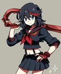  aosa_(michikusakan) black_hair blue_eyes fingerless_gloves gloves kill_la_kill matoi_ryuuko midriff multicolored_hair navel over_shoulder pleated_skirt school_uniform scissor_blade senketsu serafuku short_hair single_glove skirt sleeves_rolled_up solo streaked_hair suspenders weapon weapon_over_shoulder 