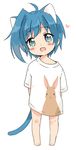  ahoge animal_ears bad_id bad_pixiv_id blue_eyes blue_hair cardfight!!_vanguard cat_ears cat_tail chawanmushi_(ebikamaboko) chibi full_body male_focus naked_shirt open_mouth sendou_aichi shirt smile solo tail younger 