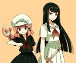  aosa_(michikusakan) black_hair black_serafuku hat jakuzure_nonon kill_la_kill kiryuuin_satsuki long_hair long_skirt monkey multiple_girls pink_hair school_uniform serafuku short_hair skirt sword weapon white_skirt younger 