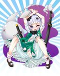  armpits arms_up bloomers blue_eyes blush bob_cut damaged katana konpaku_youmu konpaku_youmu_(ghost) one_eye_closed pussy sash sheath sheathed silver_hair solo sword t.o.d torn_clothes touhou underwear wardrobe_malfunction weapon 