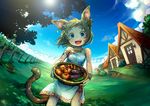  :d animal_ears armband bare_shoulders basket blonde_hair blue_eyes bracelet cat_ears cat_tail chili_pepper clothesline cloud day dress earrings eggplant fang grass happy house jewelry kiitos necklace open_mouth original pepper short_hair sky smile solo tail tomato tree 