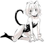  ahoge animal_ears bad_id bad_pixiv_id blush boots cardfight!!_vanguard cat_ears cat_tail chawanmushi_(ebikamaboko) crossdressing detached_sleeves fang fishnet_pantyhose fishnets full_body male_focus monochrome open_mouth otoko_no_ko pantyhose sendou_aichi solo tail 