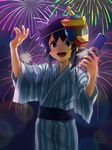  blue_hair brown_hair danball_senki danball_senki_w fireworks japanese_clothes komame_(st_beans) male_focus mask oozora_hiro smile solo 