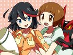  aosa_(michikusakan) arm_hug black_hair blue_eyes brown_eyes brown_hair kill_la_kill living_clothes mankanshoku_mako matoi_ryuuko multicolored_hair multiple_girls orange_shirt pajamas pillow senketsu shirt short_hair streaked_hair 