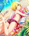  artist_request ass barefoot beach bikini blonde_hair blue_hawaii crazy_straw day drink drinking_straw dutch_angle finger_to_mouth flower green_eyes hammock heart_straw hibiscus idolmaster idolmaster_cinderella_girls looking_at_viewer lying miyamoto_frederica ocean official_art on_stomach palm_tree short_hair solo swimsuit tree tropical_drink 
