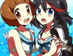  aosa_(michikusakan) bikini_top black_hair blue_eyes blush breasts brown_eyes brown_hair bunny cleavage holding_hands jacket kill_la_kill letterman_jacket mankanshoku_mako matoi_ryuuko medium_breasts multicolored_hair multiple_girls short_hair smile streaked_hair 