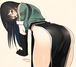 arm_support ass bent_over black_gloves black_hair blush brown_eyes chikuma_(kantai_collection) elbow_gloves gloves kantai_collection long_hair looking_at_viewer looking_back matsukawa_(pale_scarlet) no_panties pelvic_curtain remodel_(kantai_collection) side_slit solo thighs twitter_username 