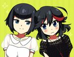  alternate_costume aosa_(michikusakan) black_hair blue_eyes blush casual jewelry kill_la_kill kiryuuin_satsuki matoi_ryuuko multicolored_hair multiple_girls necklace smile streaked_hair 