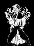  akemi_homura black_background closed_eyes dress dressing flower greyscale hair_flower hair_ornament homulilly long_hair madoka_runes mahou_shoujo_madoka_magica mahou_shoujo_madoka_magica_movie monochrome no_mouth open_clothes open_shirt papeapoo ribs shirt simple_background solo spoilers witch_(madoka_magica) 