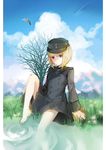  adapted_uniform bad_id bad_pixiv_id barefoot bird blonde_hair blue_eyes cloud cloudy_sky day dress epaulettes erica_hartmann field flower grass hat kleinlight looking_at_viewer medal military military_uniform mountain partially_submerged ripples seagull short_hair sitting sketch sky solo strike_witches sunlight uniform water world_witches_series 