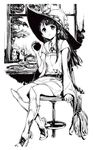  :t apple bird bismarcho boots broom dress eating food fruit greyscale hat kagari_atsuko little_witch_academia long_hair monochrome sitting solo witch witch_hat 