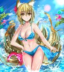  alternate_costume animal_ears bikini blonde_hair blue_sky breasts day flower fox_ears fox_tail hair_flower hair_ornament hand_on_hip large_breasts looking_at_viewer midriff multiple_tails navel no_hat no_headwear panties rinaka_moruchi short_hair sky smile solo sun swimsuit tail touhou underwear wading water yakumo_ran yellow_eyes 