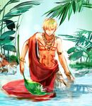  blonde_hair earrings fate/zero fate_(series) frog gilgamesh jewelry male_focus mpn red_eyes solo tattoo toga wading 