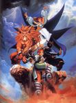  2girls 90s absurdres animal_ears armor armored_dress armpits beard beret brown_hair cat_ears dai-chan detached_sleeves facial_hair greaves hat highres leo_(warzard) lion mane mask monster_boy mukuro_(warzard) multiple_boys multiple_girls muscle ninja official_art oil_painting_(medium) red_hair scan snout spikes standing standing_on_one_leg sword tabasa tao_(warzard) warzard weapon witch witch_hat 