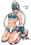  abs absurdres ahoge alternate_costume bikini_top braid decapre elbow_gloves fingerless_gloves garrison_cap gloves greaves hat highres huge_ahoge kneeling long_hair mask red_eyes samidare_satsuki short_shorts shorts silver_hair solo street_fighter street_fighter_iv_(series) thick_thighs thighs toned twin_braids 