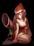  adapted_costume alternate_costume arm_support boots breasts candy_cane_miss_fortune caviar_(lunar_sama) dress green_eyes hat highres large_breasts league_of_legends light_smile lips long_hair looking_at_viewer off_shoulder red_dress red_hair santa_boots santa_costume santa_hat sarah_fortune seiza short_dress sitting solo 