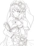  bare_shoulders bouquet breasts bridal_veil choker detached_sleeves dress flower highres hozenkakari kazami_yuuka large_breasts lineart monochrome one_eye_closed short_hair smile solo sunflower touhou transparent_background veil wedding_dress 