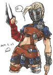  absurdres ahoge alternate_costume arm_blade asymmetrical_clothes belt blonde_hair chain cropped_legs decapre highres huge_ahoge lock man_in_the_iron_mask mask medieval multiple_belts padlock parody red_eyes samidare_satsuki skirt solo street_fighter street_fighter_iv_(series) weapon 