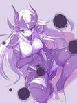  breasts large_breasts league_of_legends long_hair monochrome mori_shin_risuku nipples simple_background solo syndra thighhighs 