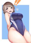  ! !! 1girl absurdres amagi_(volfuji) arms_behind_back blue_background blue_eyes blue_swimsuit blush breasts competition_swimsuit covered_navel cowboy_shot eyebrows_visible_through_hair from_below grey_hair hair_between_eyes highres lips looking_at_viewer looking_down love_live! love_live!_sunshine!! medium_breasts one-piece_swimsuit open_mouth short_hair solo surprised swimsuit teeth two-tone_background watanabe_you white_background 
