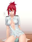  arm_support barefoot blue_eyes blush breasts collarbone covered_nipples folded_ponytail gloves highres lasterk medium_breasts no_panties one_eye_closed open_clothes open_shirt rail_wars! red_hair sakurai_aoi shirt solo thighs toy_train updo white_gloves 