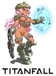  assault_rifle breasts c-string crotch_plate dark_skin gauntlets geworin gun helmet large_breasts long_hair mecha_musume missile ogre_(titanfall) orange_eyes pink_hair pointy_ears rifle shield solo titanfall underboob weapon 