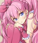  blue_eyes bow cure_melody earrings houjou_hibiki jewelry long_hair looking_at_viewer magical_girl pink_bow pink_hair pink_legwear pout precure solo suite_precure thighhighs tokunou_shoutarou twintails 